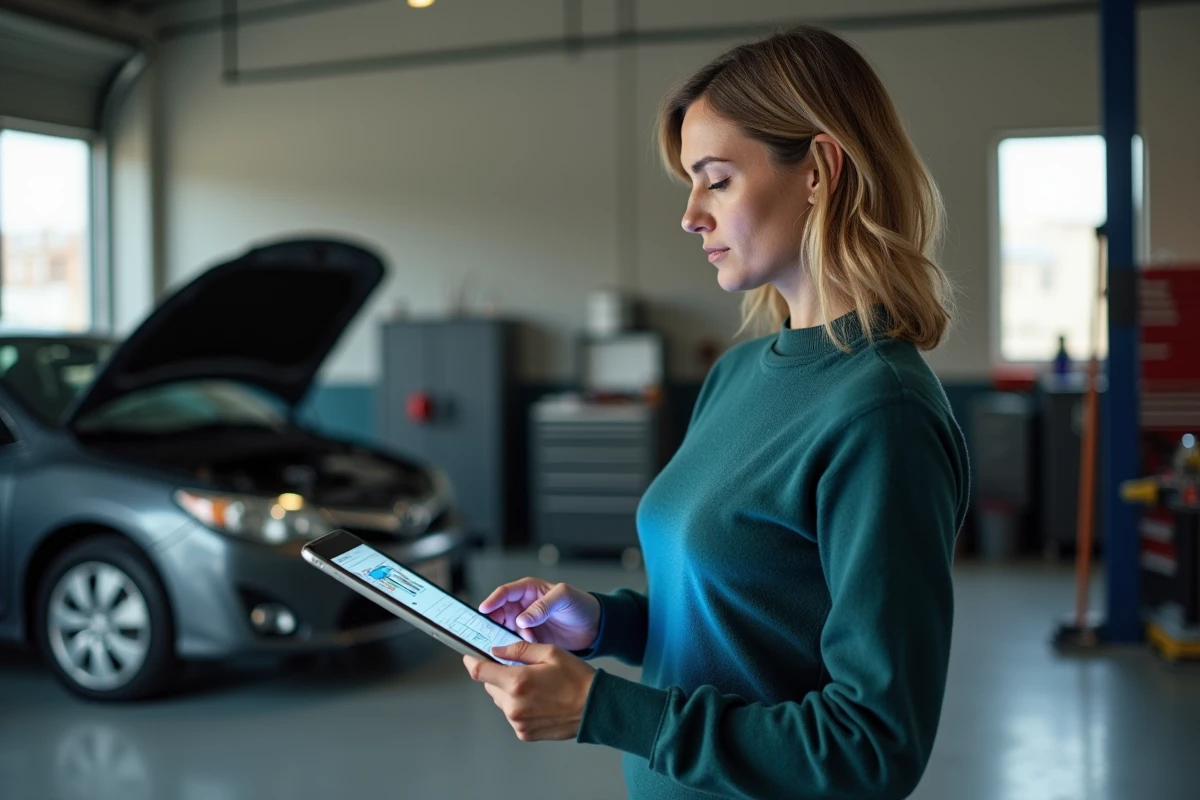 Femme en garage utilisant une tablette pour reparations auto