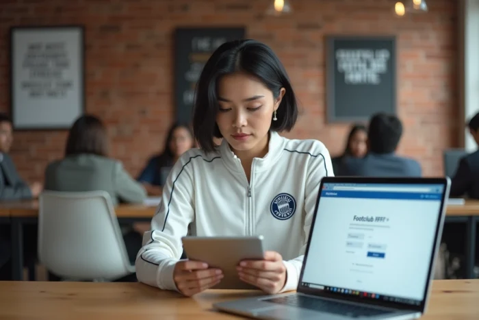 Une femme consultant un guide de connexion à Footclub FFF sur tablette et ordinateur