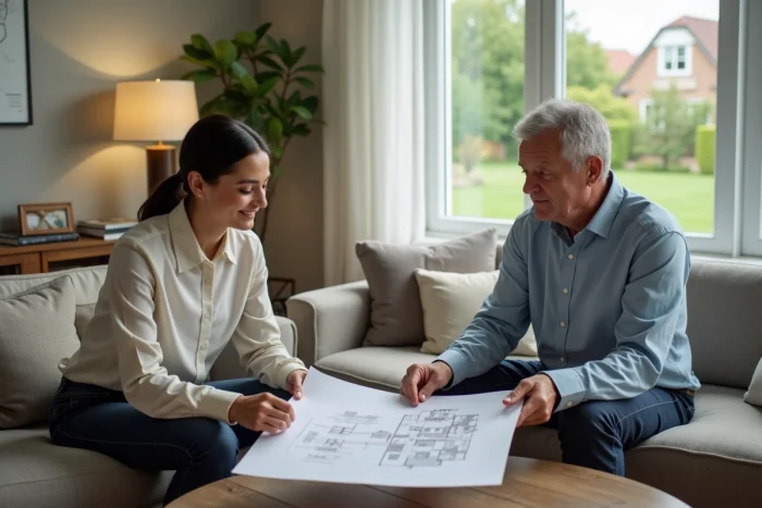 Jeune femme professionnelle examine plans immobiliers