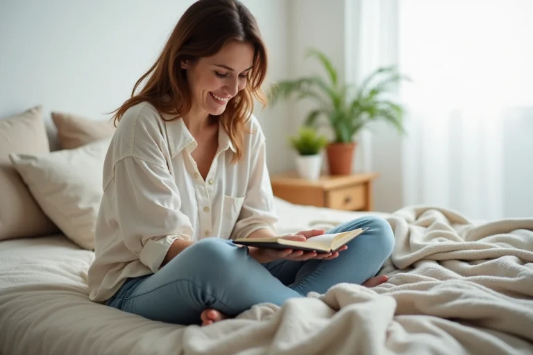 Femme souriante en journal intime dans un lit lumineux