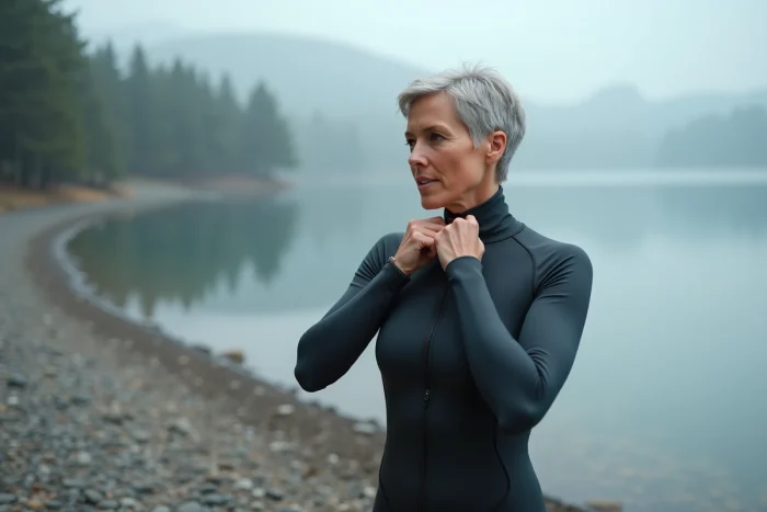 Femme en combinaison neoprene ajuste la fermeture au bord du lac