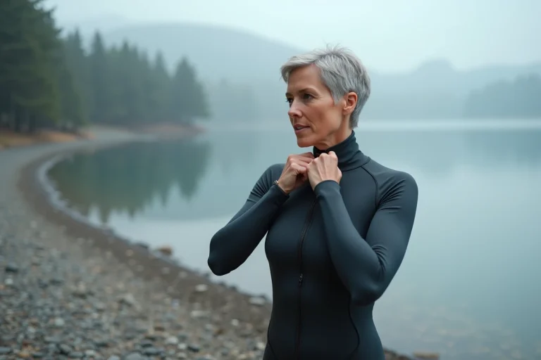Femme en combinaison neoprene ajuste la fermeture au bord du lac