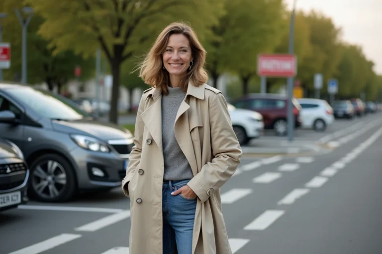 Femme souriante près d'une voiture dans un parking urbain à Rennes