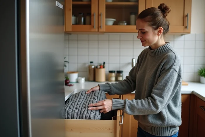 Femme plie un pull en laine dans un congélateur moderne