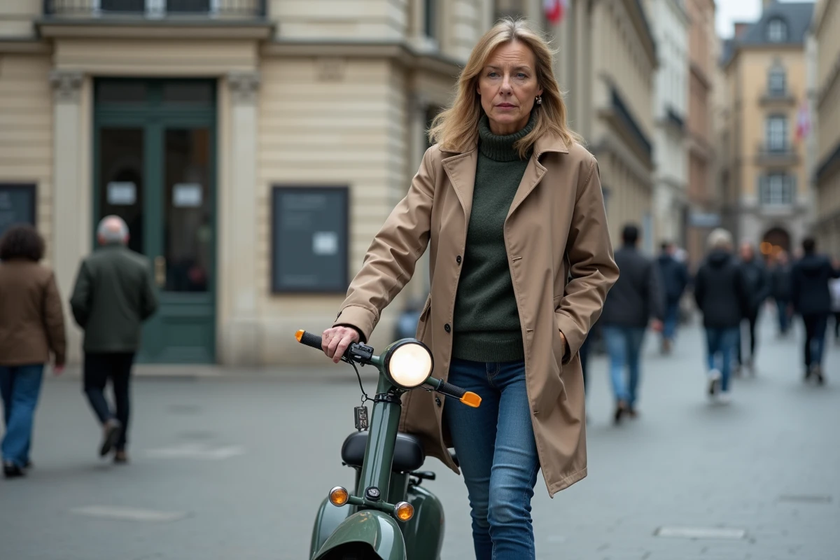 Femme poussant un moped dans une place urbaine