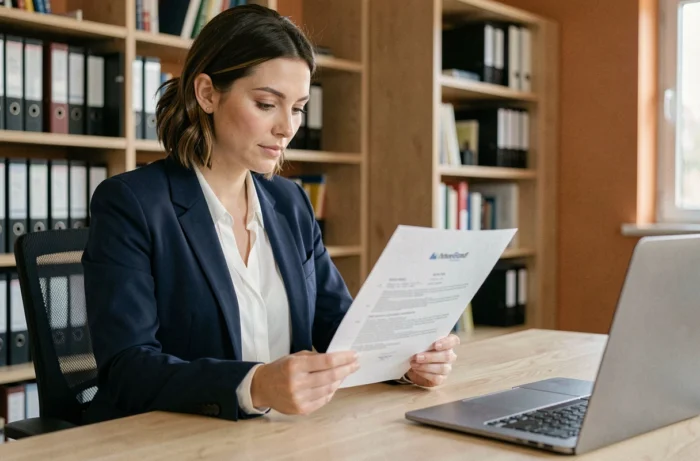 Femme professionnelle qui révise son CV dans un espace de coworking moderne pour booster sa carrière