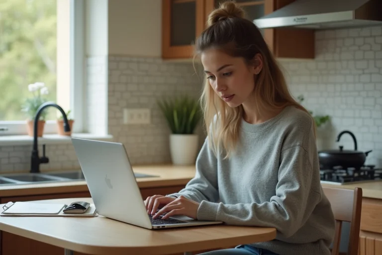 Jeune femme cherchant un emploi sur son ordinateur dans la cuisine