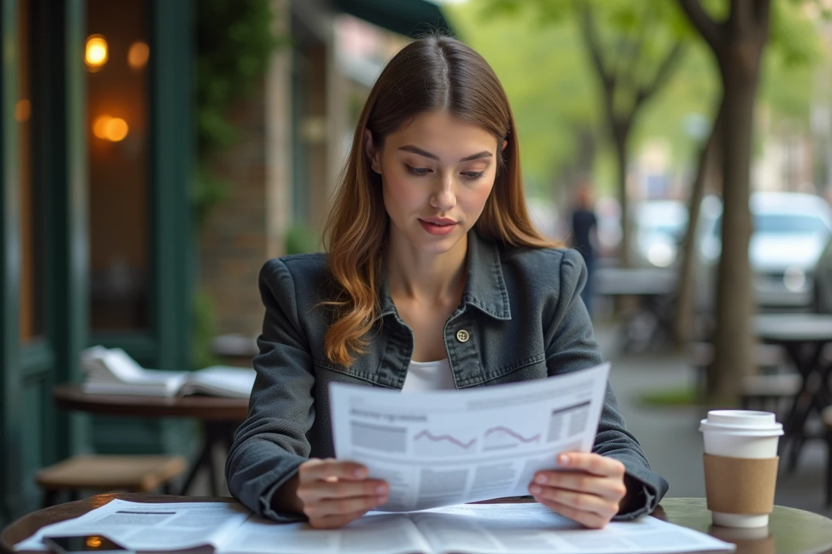 Jeune femme lisant un rapport financier en extérieur