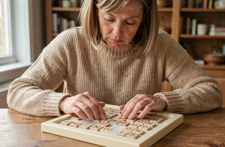 Femme concentrée disposant des lettres sur un plateau de Scrabble en bois, cherchant des mots valides