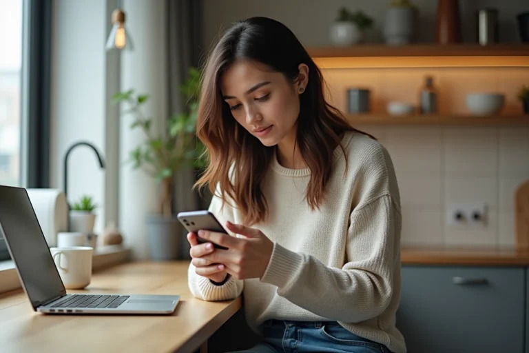 Jeune femme dans la cuisine moderne utilisant son smartphone