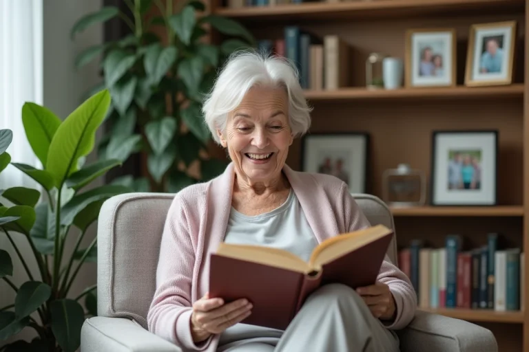 Femme senior souriante lisant un livre dans un salon moderne