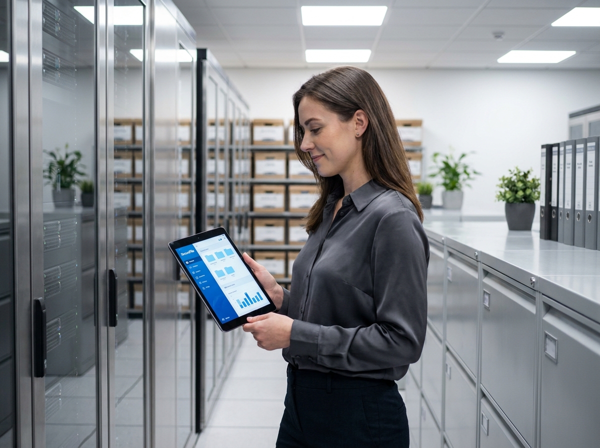 Jeune femme IT avec tablette dans un centre de stockage hightech