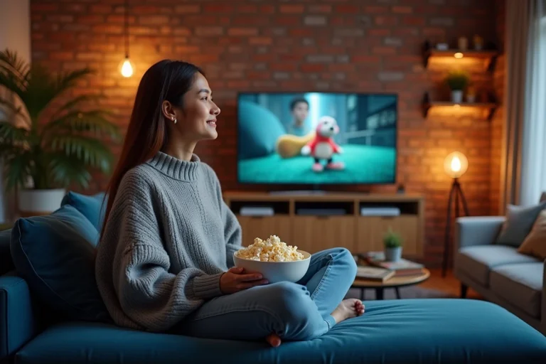 Jeune femme souriante regardant un film en streaming sur sa télévision depuis son canapé confortable
