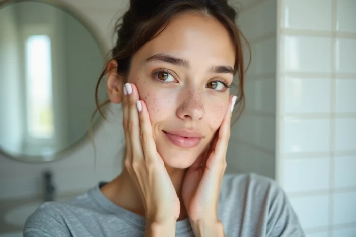 Jeune femme examinant la zone T de son visage dans une salle de bain, peau naturelle avec excès de sébum visible