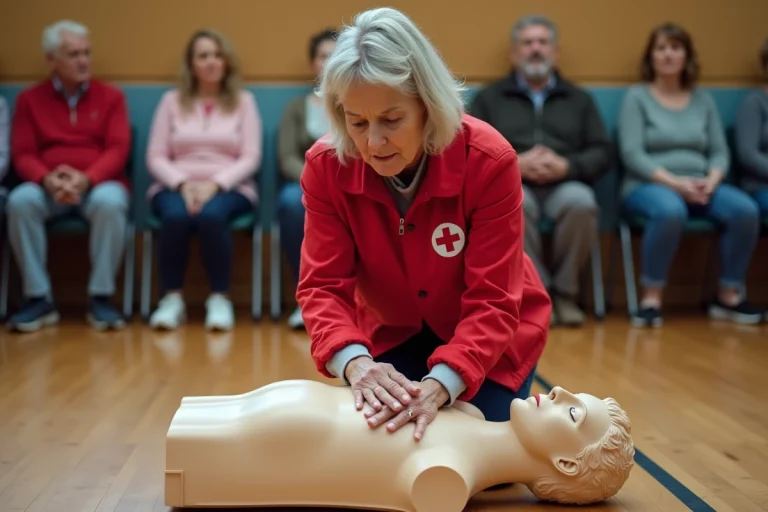 Femme bénévole effectuant un massage cardiaque sur un mannequin lors d'une formation aux gestes de premiers secours