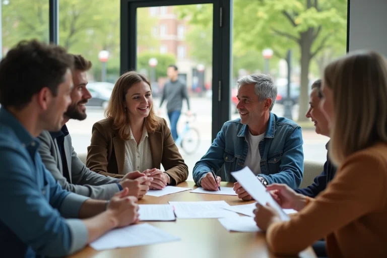 Groupe de personnes discutant autour d'une table dans un centre communautaire