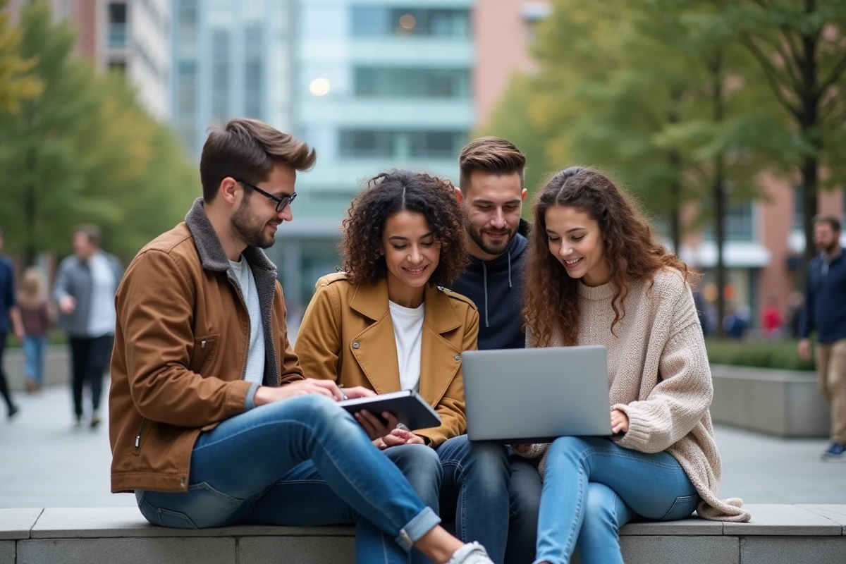 Groupe de jeunes adultes avec ordinateur en espace urbain