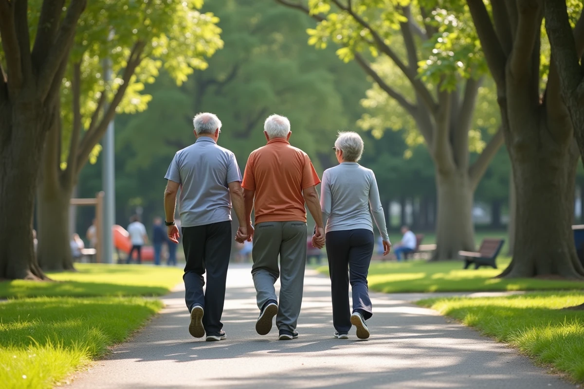 Groupe de seniors marchant dans un parc urbain verdoyant