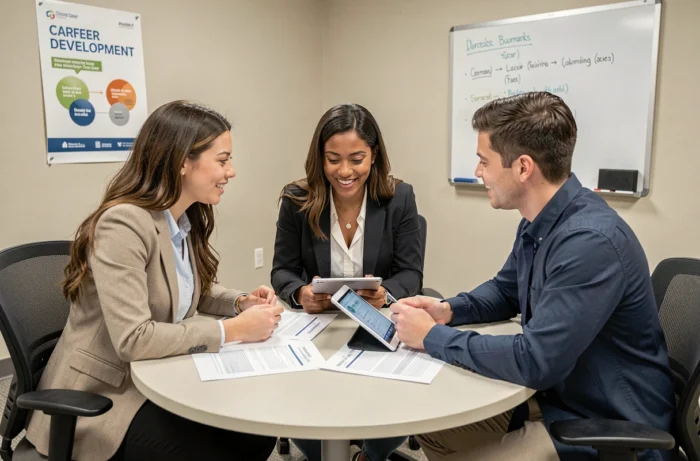Groupe de jeunes adultes participant à une session de conseil en emploi et ressources carrière