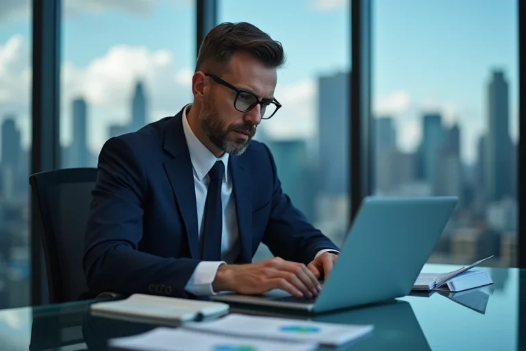 Homme en costume bleu regardant des graphiques financiers
