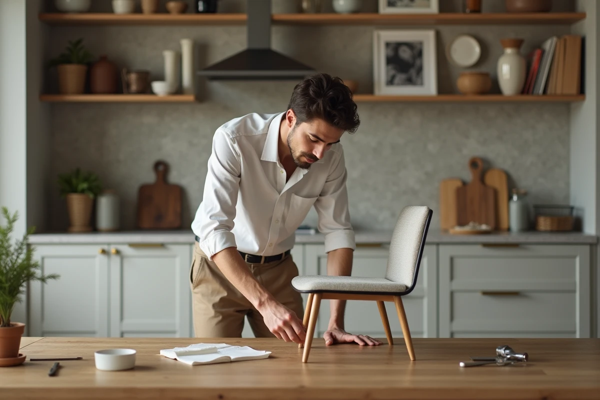 Jeune homme assemblant une chaise dans une cuisine élégante