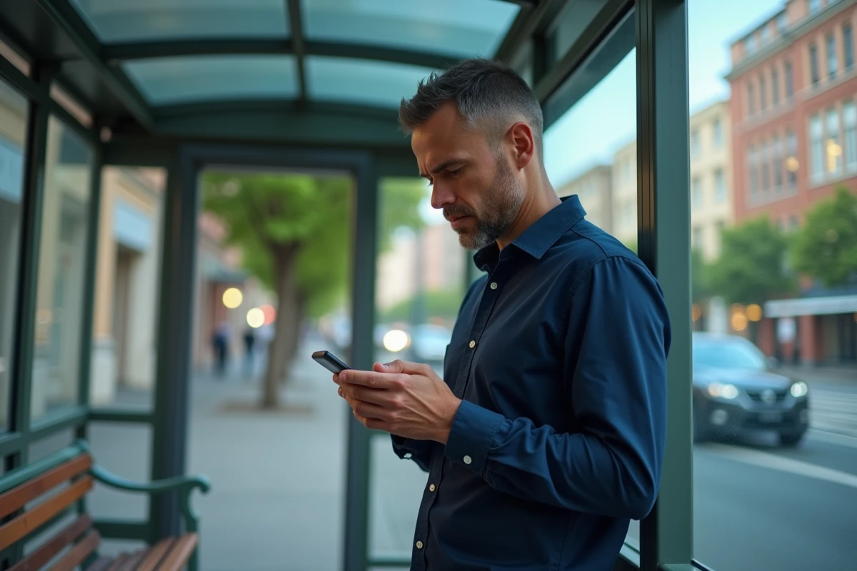 Homme dans un abri de bus regardant son téléphone