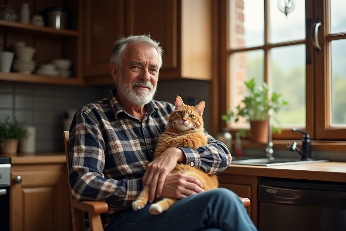 Homme âgé avec un chat dans une cuisine rustique