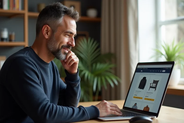 Un homme consultant une interface d'annonces payantes sur Leboncoin depuis son bureau à domicile, évaluant la rentabilité d'une annonce sponsorisée
