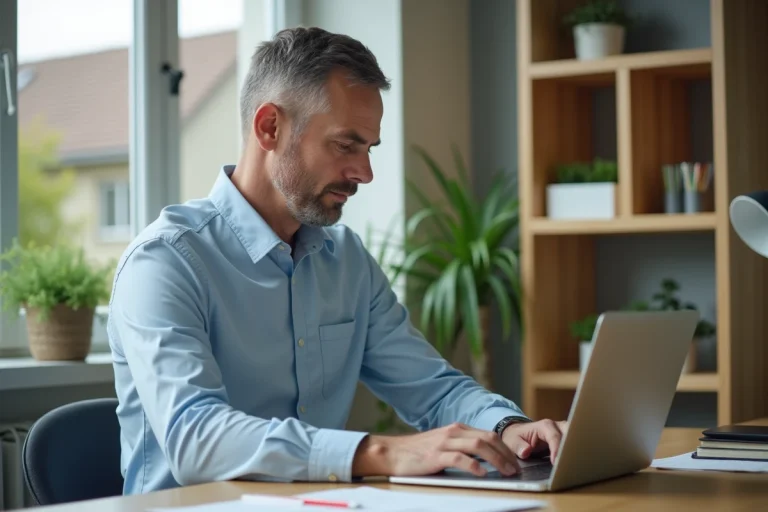 Homme d'âge moyen travaillant sur un ordinateur portable dans un bureau moderne