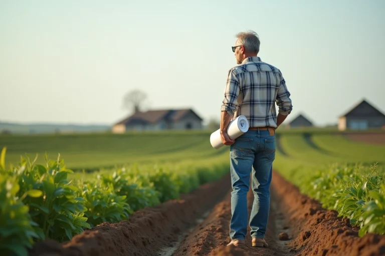 Homme en jeans dans un champ agricole avec plan de terrain