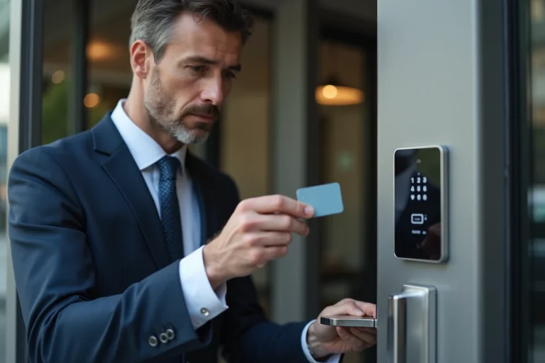 Homme d'affaires utilisant une carte d'accès devant un panneau moderne