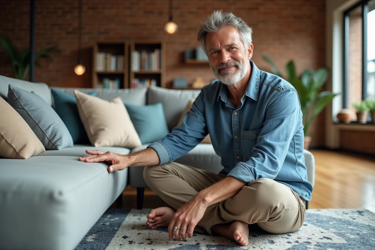 Homme assis sur un canapé avec coussins dans un loft lumineux