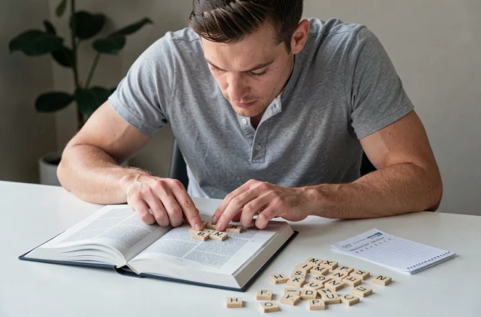 Homme consultant un dictionnaire Scrabble français pour vérifier la validité d'un mot