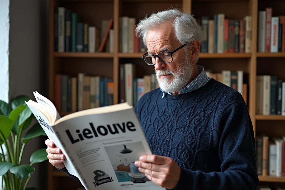 Homme âgé regardant un catalogue dans une bibliothèque moderne