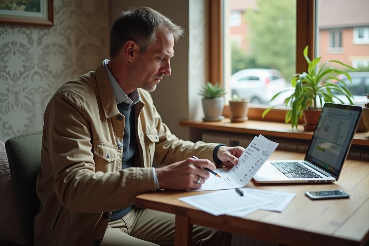 Homme à la maison vérifiant ses documents de paiement