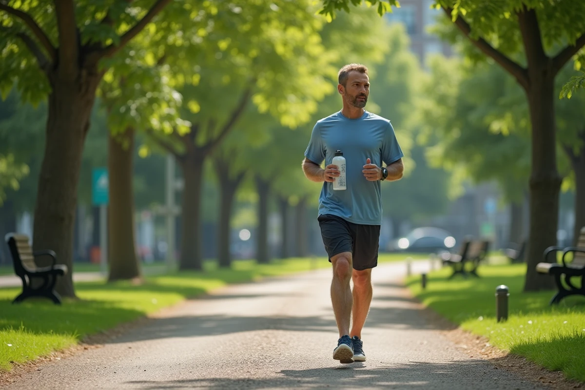 Homme en marche dans un parc urbain en pleine nature