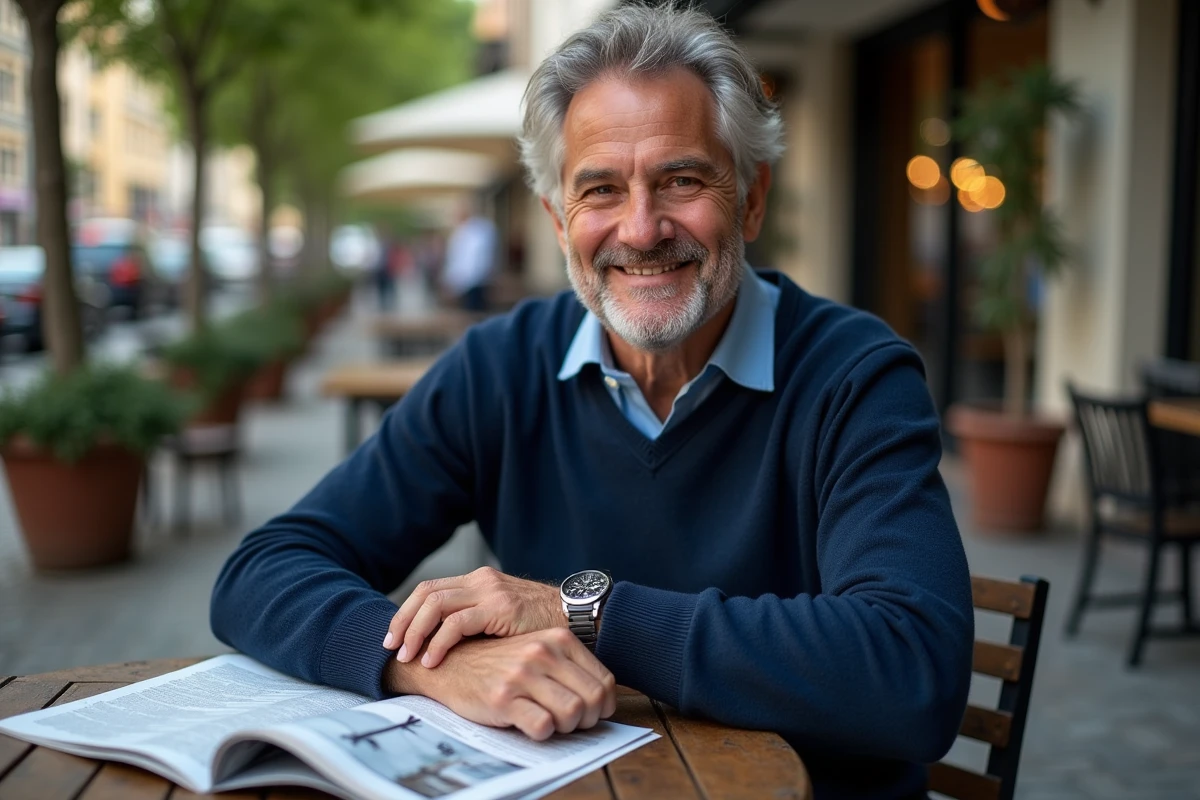 Homme d age moyen portant une montre au café en plein air
