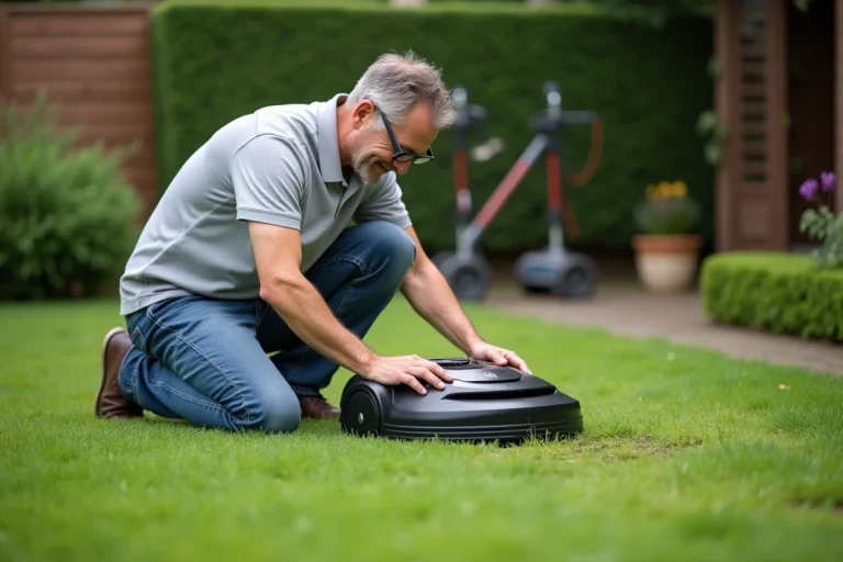 Homme nettoie une tondeuse robot dans le jardin