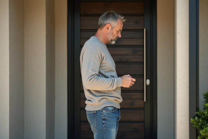 Homme d'âge moyen examine la porte d'entrée moderne