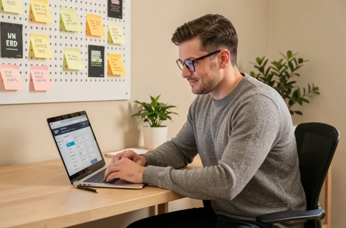 Homme cherchant un emploi en ligne depuis son bureau à domicile avec un ordinateur portable