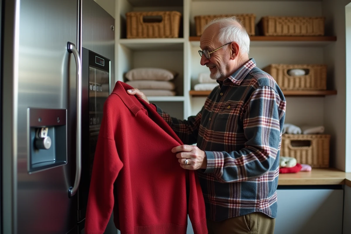 Homme âgé range un pull en laine dans un congélateur