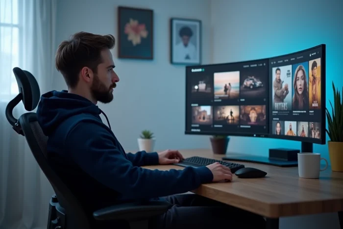 Homme regardant un site de streaming vidéo sur ordinateur dans un bureau minimaliste à domicile