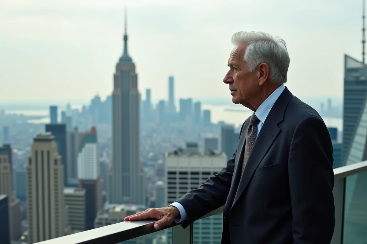 Homme âgé regardant la ville depuis une terrasse en rooftop
