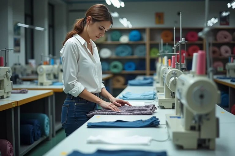 Femme inspectant des vêtements finis dans un atelier textile