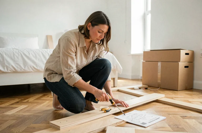 Femme assemblant des panneaux de dressing modulable sur un parquet en chêne clair dans une chambre contemporaine