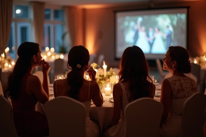 Invités de mariage émus regardant un diaporama projeté lors de la réception, illustrant l'impact d'une bonne durée de présentation