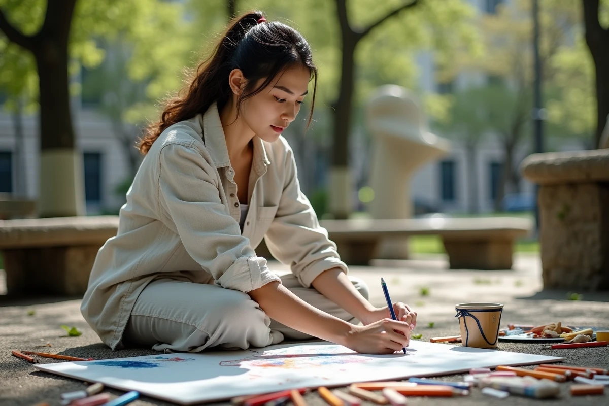 Jeune artiste esquissant en plein air dans un parc urbain