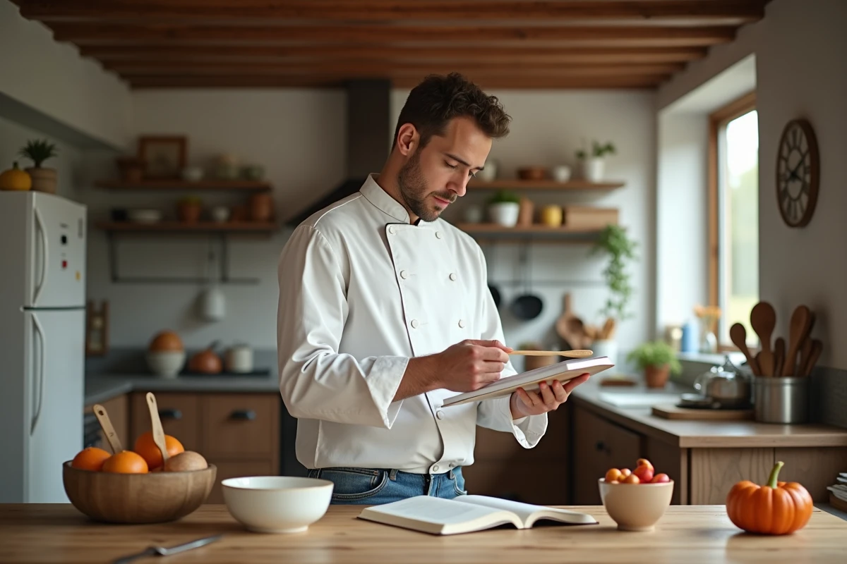 Jeune homme en cuisine consultant une recette avec concentration