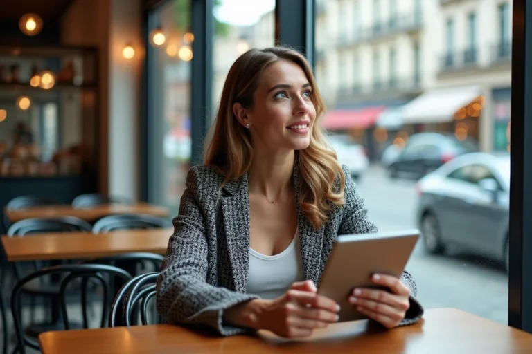 Jeune femme en blazer avec tablette dans un café moderne