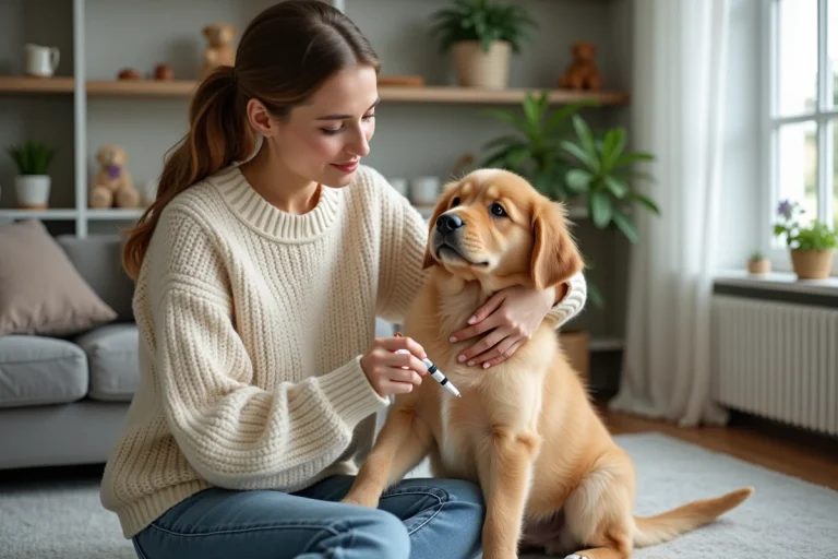 Jeune femme tenant un chiot golden retriever dans un intérieur chaleureux